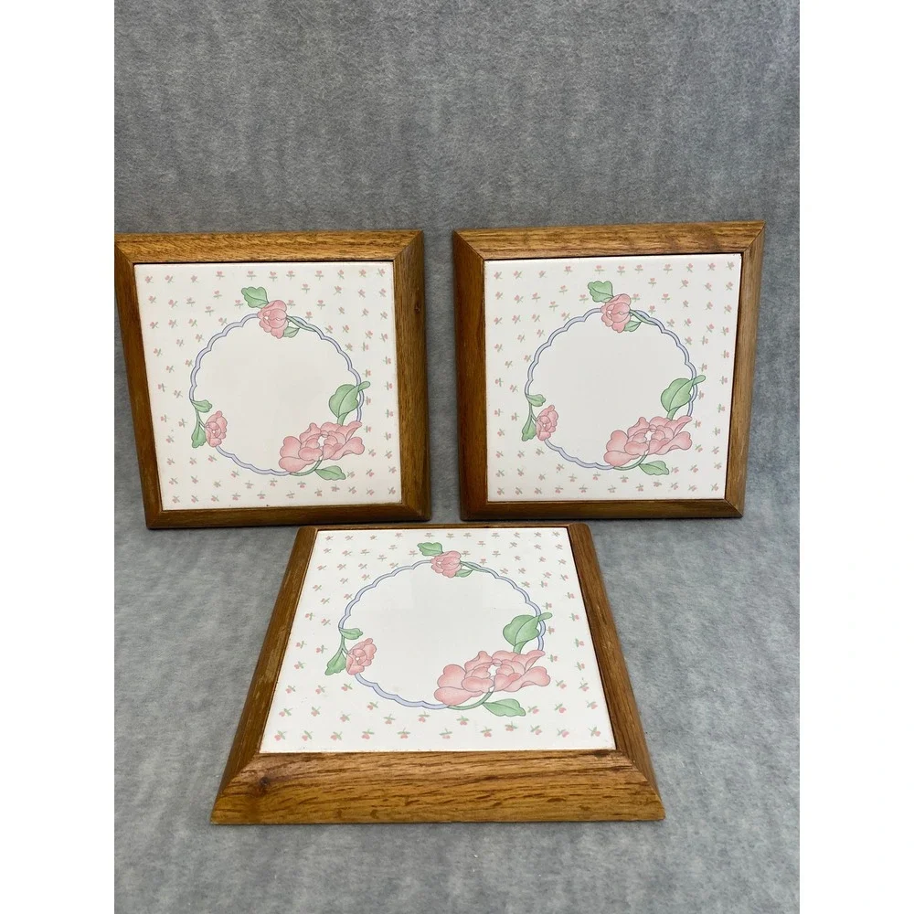 Set of 3 Vintage Floral Ceramic Tile Wood Trivets Hot Pad Retro Decor Grannycore
